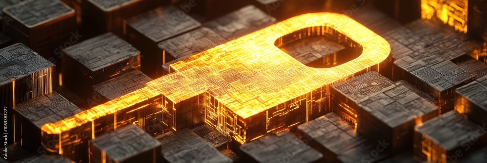 Aufkleber glowing golden key embedded in a grid of dark cubes.