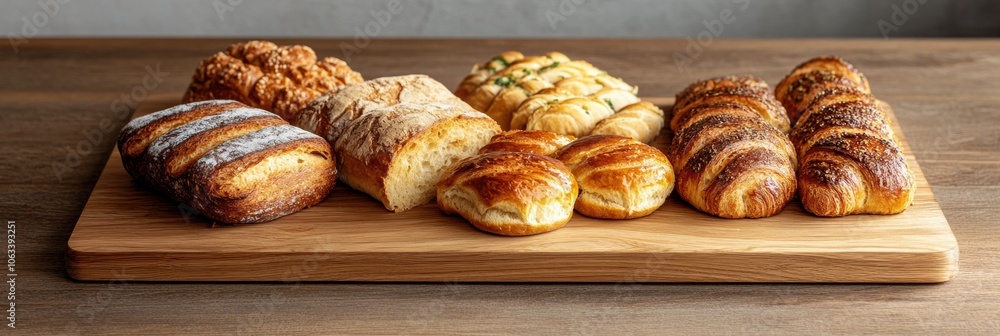 Aufkleber a variety of artisanal breads and pastries are beautifully arranged on a rustic wooden board, showca