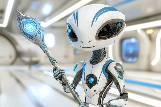 A futuristic alien character holding a glowing staff in a sleek, modern space environment, showcasing advanced technology and design.