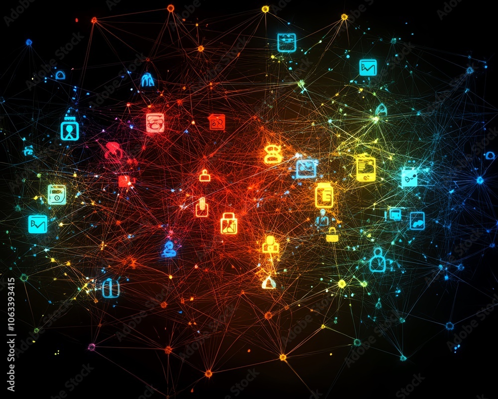 Poster a stylized digital representation of social networking, with virtual profiles, chat icons, and conne