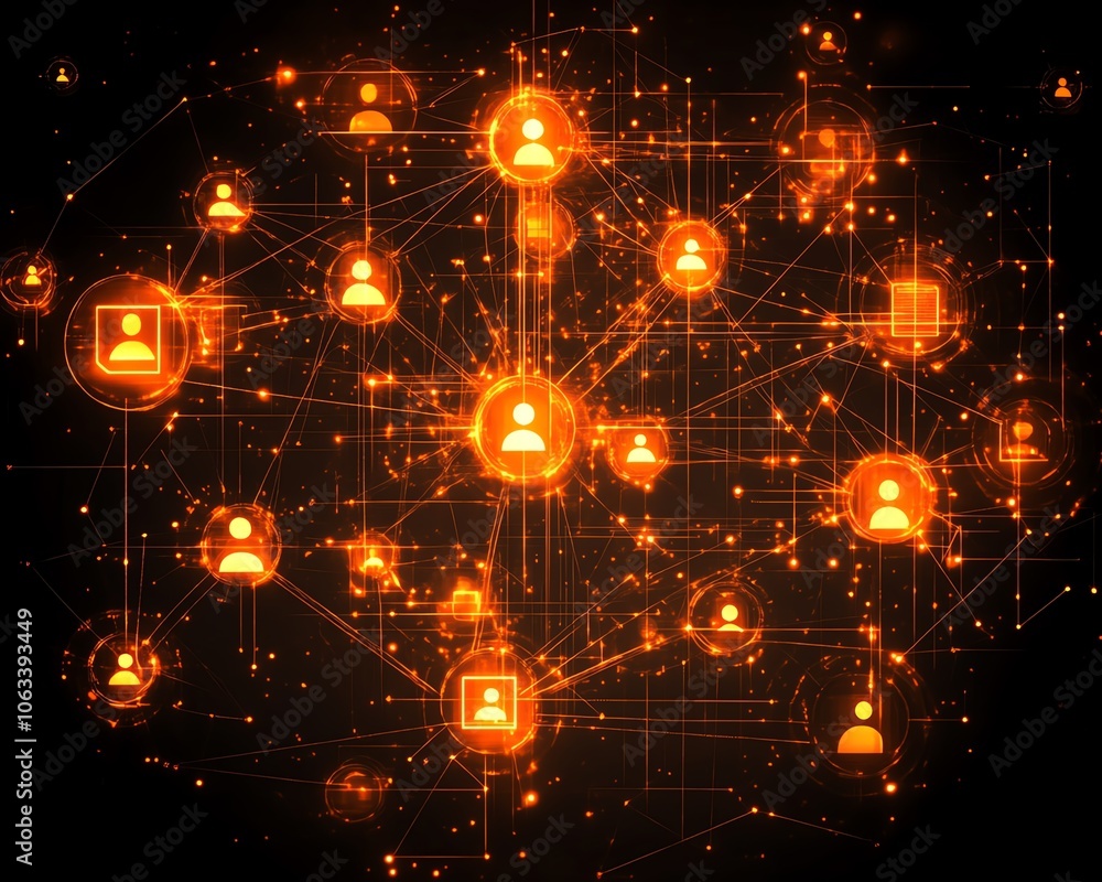 Poster a stylized digital representation of social networking, with virtual profiles, chat icons, and conne