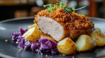 Pork cutlet coated with breadcrumbs with potatoes and cabbage 