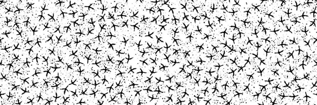 Abstract seamless pattern with chicken footprints and grunge dots. Bw bg with bird feet steps trace. Rooster paw irregular vector ornament