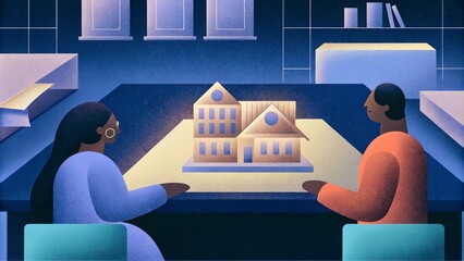 Collaborative architectural planning: team analyzing 3d building model at night