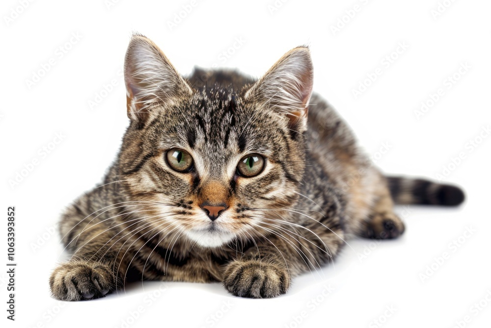 Poster a domestic cat is resting on a white surface, possibly a table or countertop