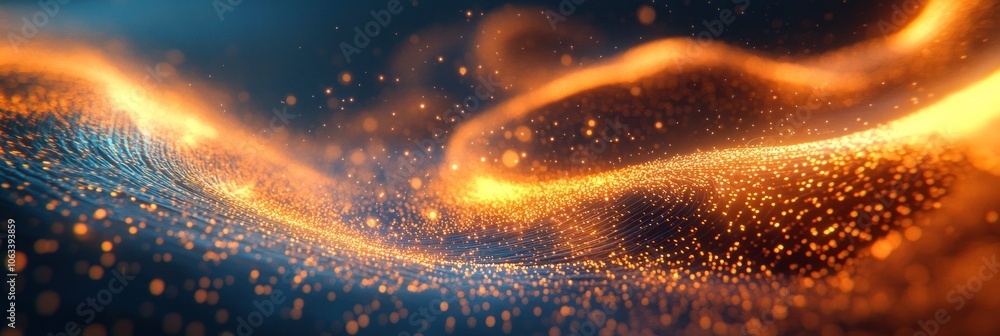 Poster abstract glowing golden particles and waves with bokeh lights.