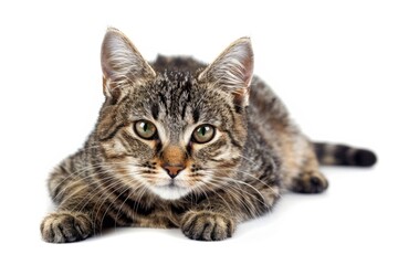 Obraz premium A domestic cat is resting on a white surface, possibly a table or countertop