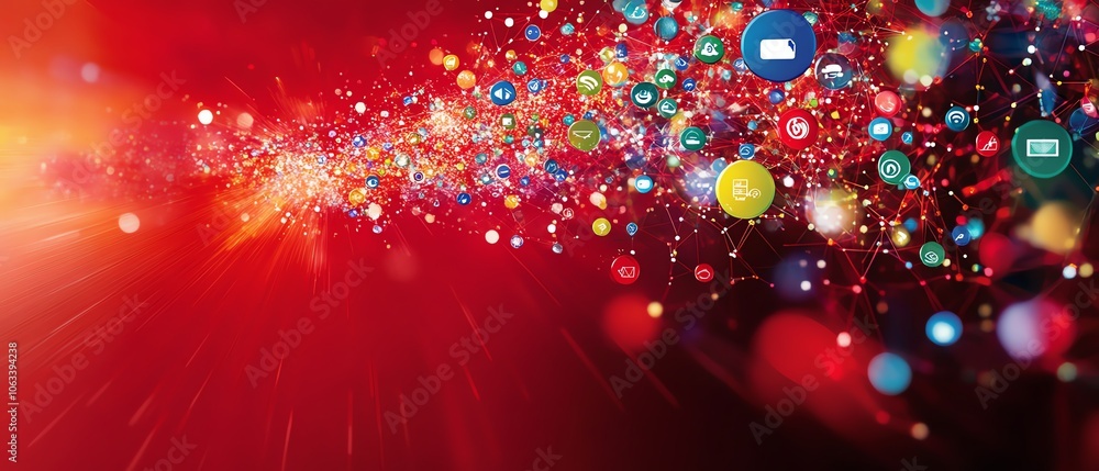 Poster a visually striking illustration of social networking technologies represented over a red linked sph