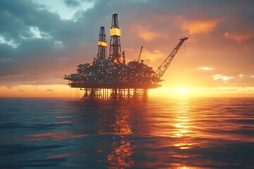 An oil rig sits in the ocean at sunset.