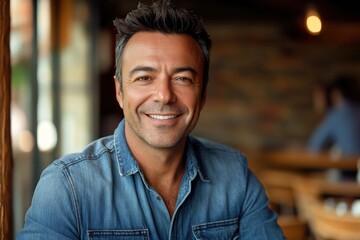 A person sitting at a table with a friendly expression