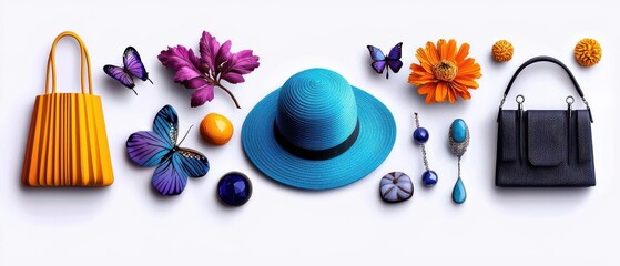 Colorful arrangement of accessories and flowers showcasing vibrant fashion elements and creative styling.