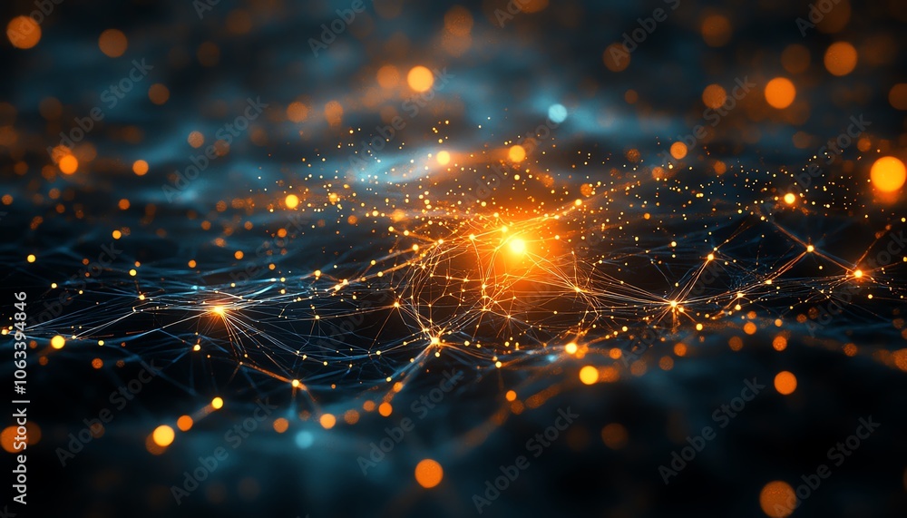 Poster an advanced concept of social networking technologies, showing glowing, interconnected data nodes an
