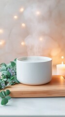 A serene scene featuring a steaming white bowl, surrounded by greenery and soft candlelight.