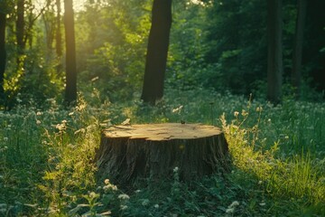 A solitary tree stump sits in the midst of a dense forest, surrounded by towering trees