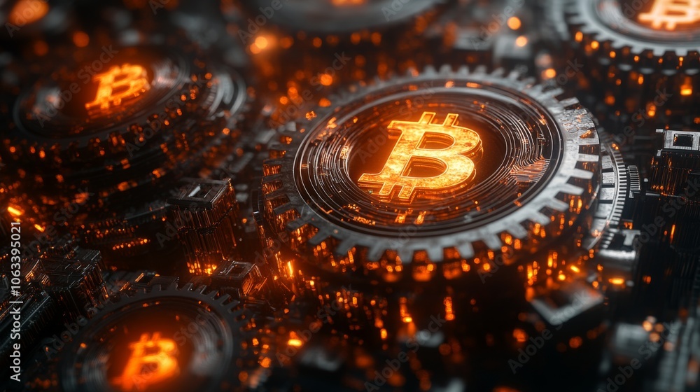 Leinwandbilder the intricate design of bitcoin mining hardware is illuminated with bright orange symbols. this tech