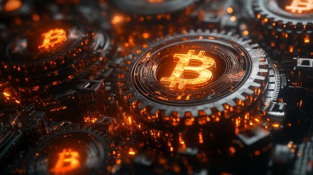 The intricate design of Bitcoin mining hardware is illuminated with bright orange symbols. This technological setup highlights the energy-intensive process of cryptocurrency mining at night.