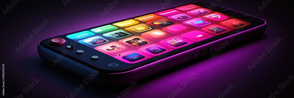 Poster a modern handheld gaming console with a vibrant colorful app interface and physical buttons.