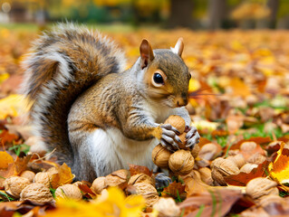 A cute squirrel with fluffy tail gathering nuts in a natural outdoor setting.