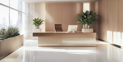 A spacious and well-lit office with minimalist wooden decor, large plants, and a calming neutral color palette, embodying a modern corporate aesthetic.