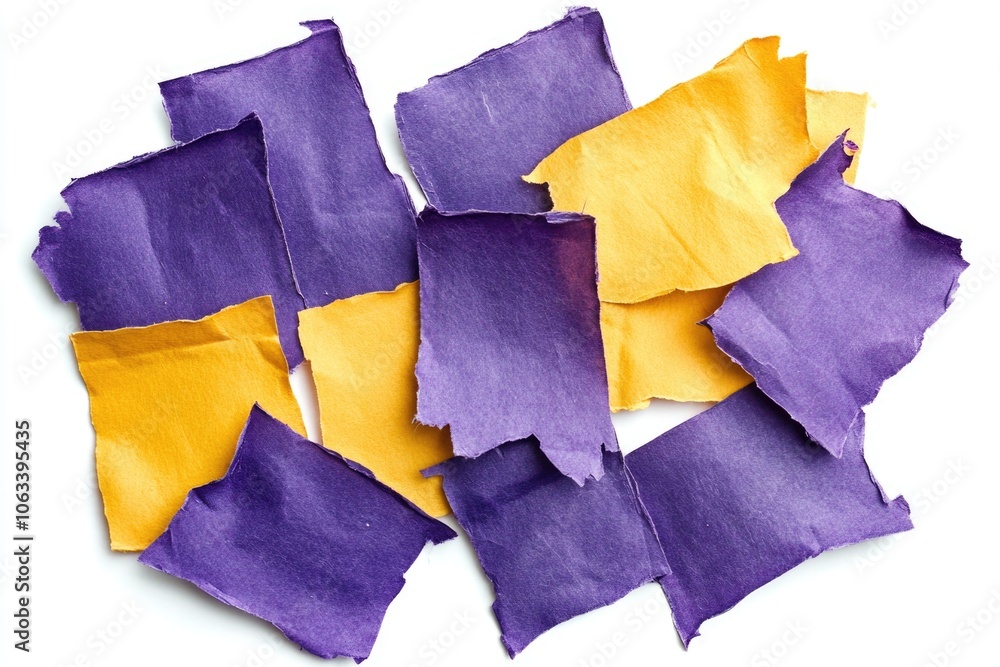 Poster a stack of vibrant purple and yellow papers with various notes and markings