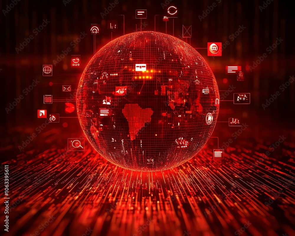 Poster an artistic representation of social networking technologies visualized over a red linked sphere, fi