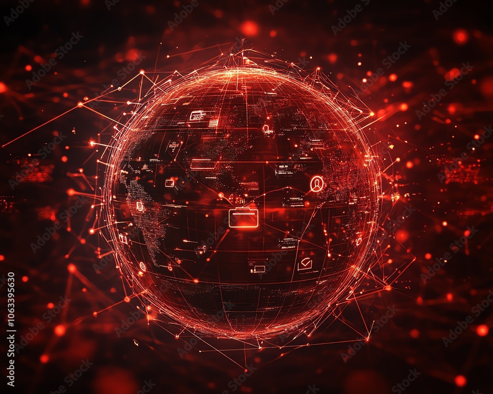 Poster an artistic representation of social networking technologies visualized over a red linked sphere, fi