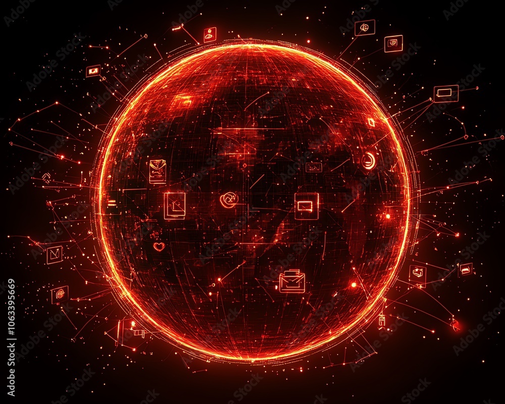 Poster an artistic representation of social networking technologies visualized over a red linked sphere, fi