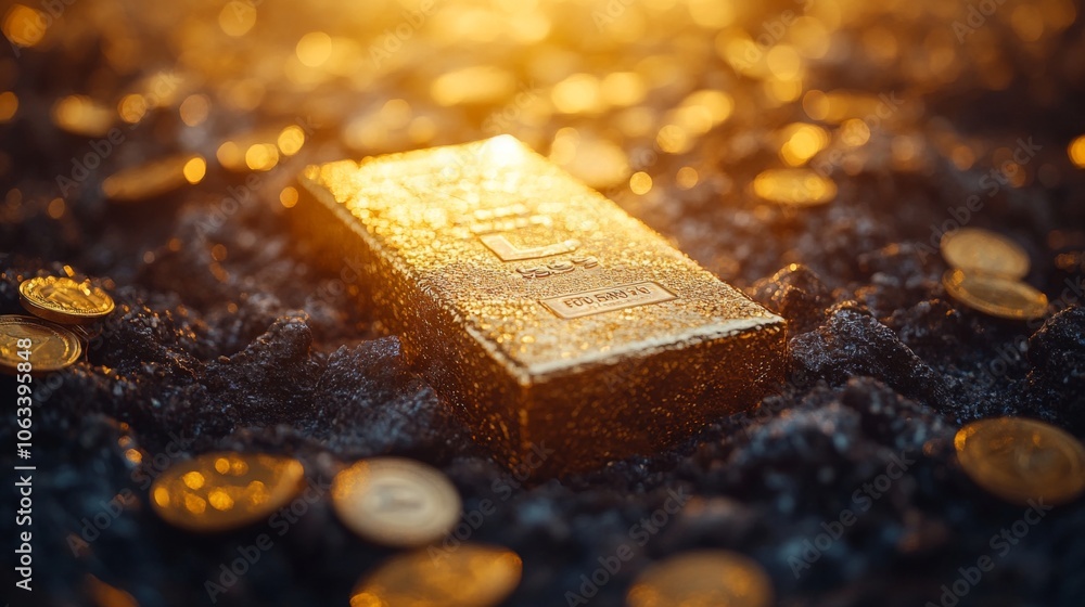 Aufkleber a gleaming gold bar lies on a dark textured surface, surrounded by scattered coins. the warm light s