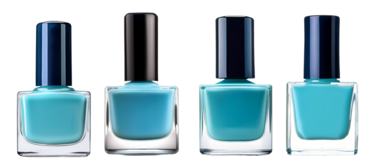 Collection of four blue nail polish bottles on a white background, perfect for beauty and fashion themes.