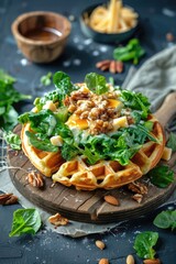 A delicious waffle topped with melted cheese, crunchy nuts, and fresh spinach leaves