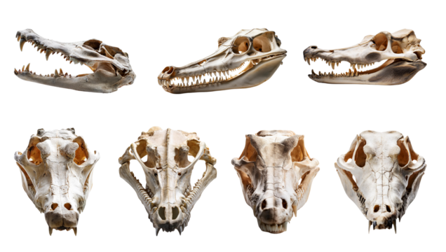 Collection of animal skulls on white isolated background, showcasing various anatomical features and structures.