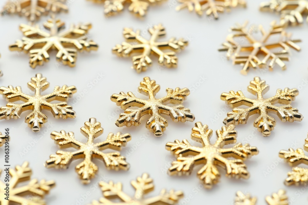 Poster a collection of intricate golden snowflakes scattered across a clean white surface