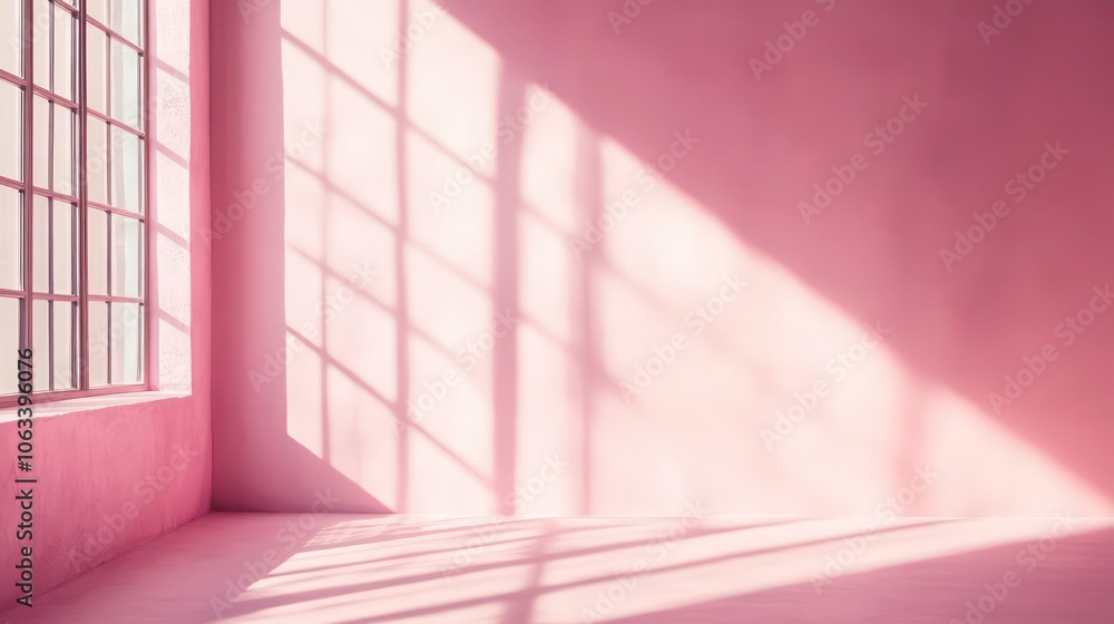 Poster a serene interior space with soft pink hues and shadows from large windows.