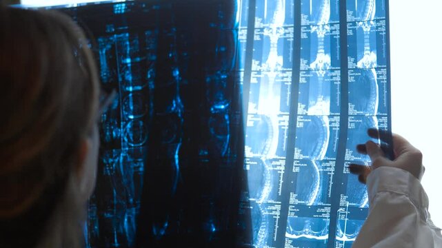 Female doctor in glasses reading X-ray scans MRI images. Back view. Close up.