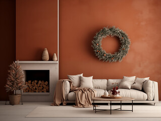 Christmas wreath on the wall in simple minimalist living room in terracotta and  neutral colors. Minimalist festive Christmas decor in interior.