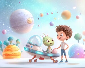 A child interacts with a friendly alien in a whimsical outer space setting filled with colorful planets and vibrant landscapes.