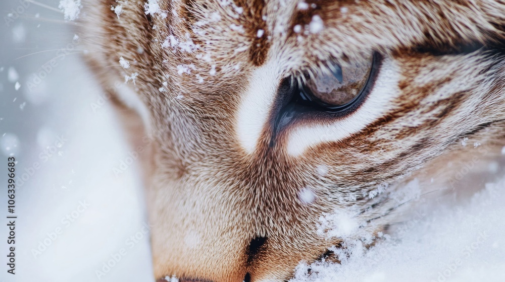 Poster a close-up shot of a cat standing in the snow