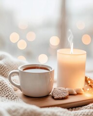 Warm cup of tea with cookies beside a glowing candle, cozy winter setting.