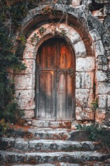 An old stone building with a wooden door