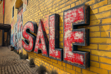 Sale sign on the brick wall background. Discount, sale concept. 