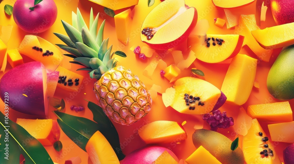 Aufkleber Sliced tropical fruits such as pineapples, mangoes, and papayas create a vibrant and inviting display against a colorful backdrop. Generative AI