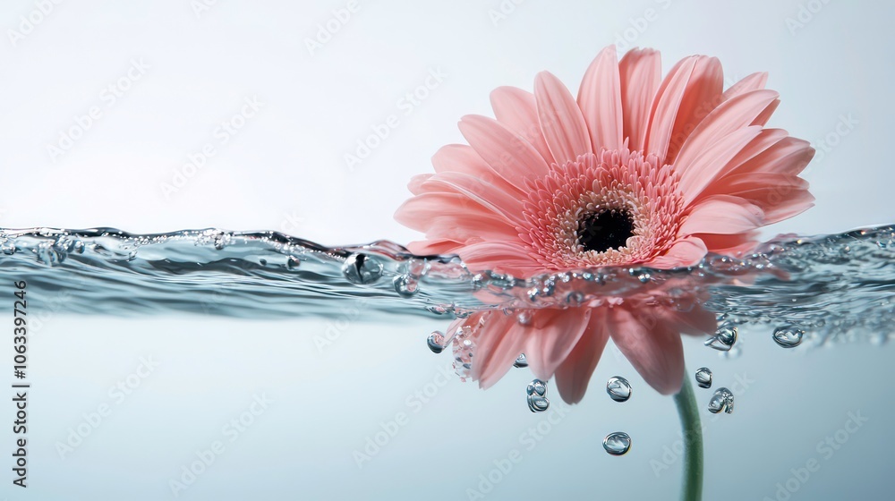 Poster A pink flower partially submerged in water, creating a serene and artistic visual effect.