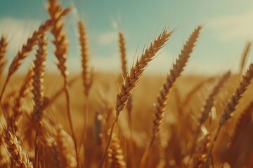 Fototapeta premium Agricultural landscape with golden wheat and clear blue sky