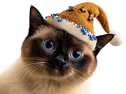 Siamese cat sitting in Christmas cookie hat costume isolated on transparent background PNG