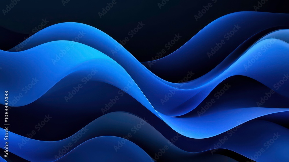 Poster wave shapes flow across a blue and black abstract background