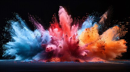 Explosion of Vibrant Powders in Mid Air Against Black Background