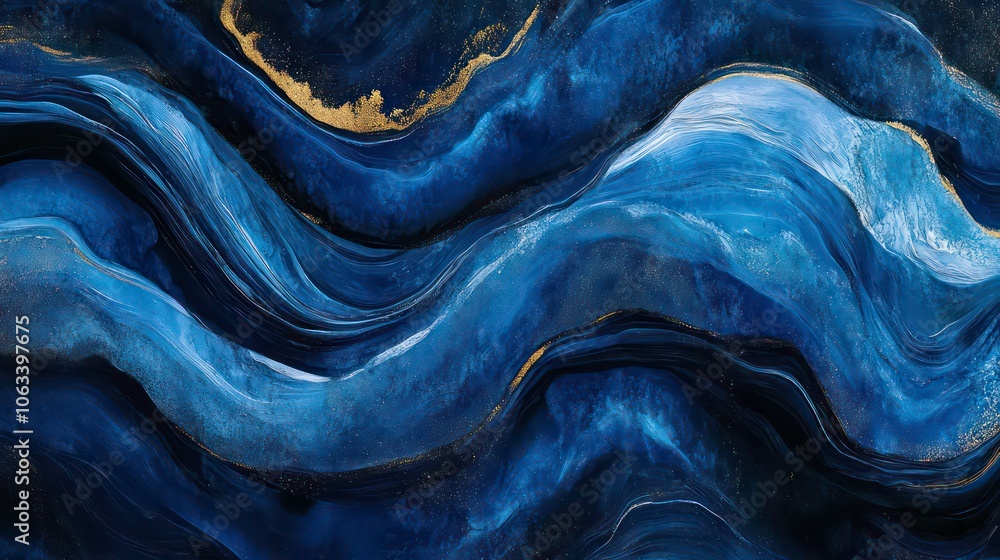 Poster abstract swirling patterns in deep blue and gold tones, evoking a sense of fluidity and elegance.