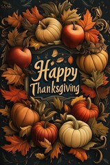 Happy Thanksgiving Banner with Layered Apples, Pumpkins, and Leaves in Rich Earthy Tones