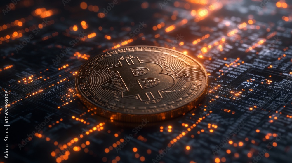 Fototapete A Bitcoin coin rests prominently on a vibrant circuit board design, showcasing the intricate connections and glowing elements related to digital currency technology.