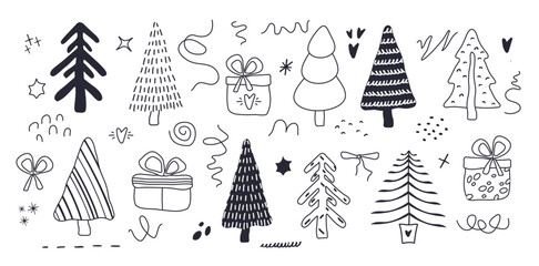 cute illustration.  tree, stars, dots, snow, elements of festive design. hand drawn doodles are isolated on a white background. A simple concept for print, banners, social networks, posters. vector ar